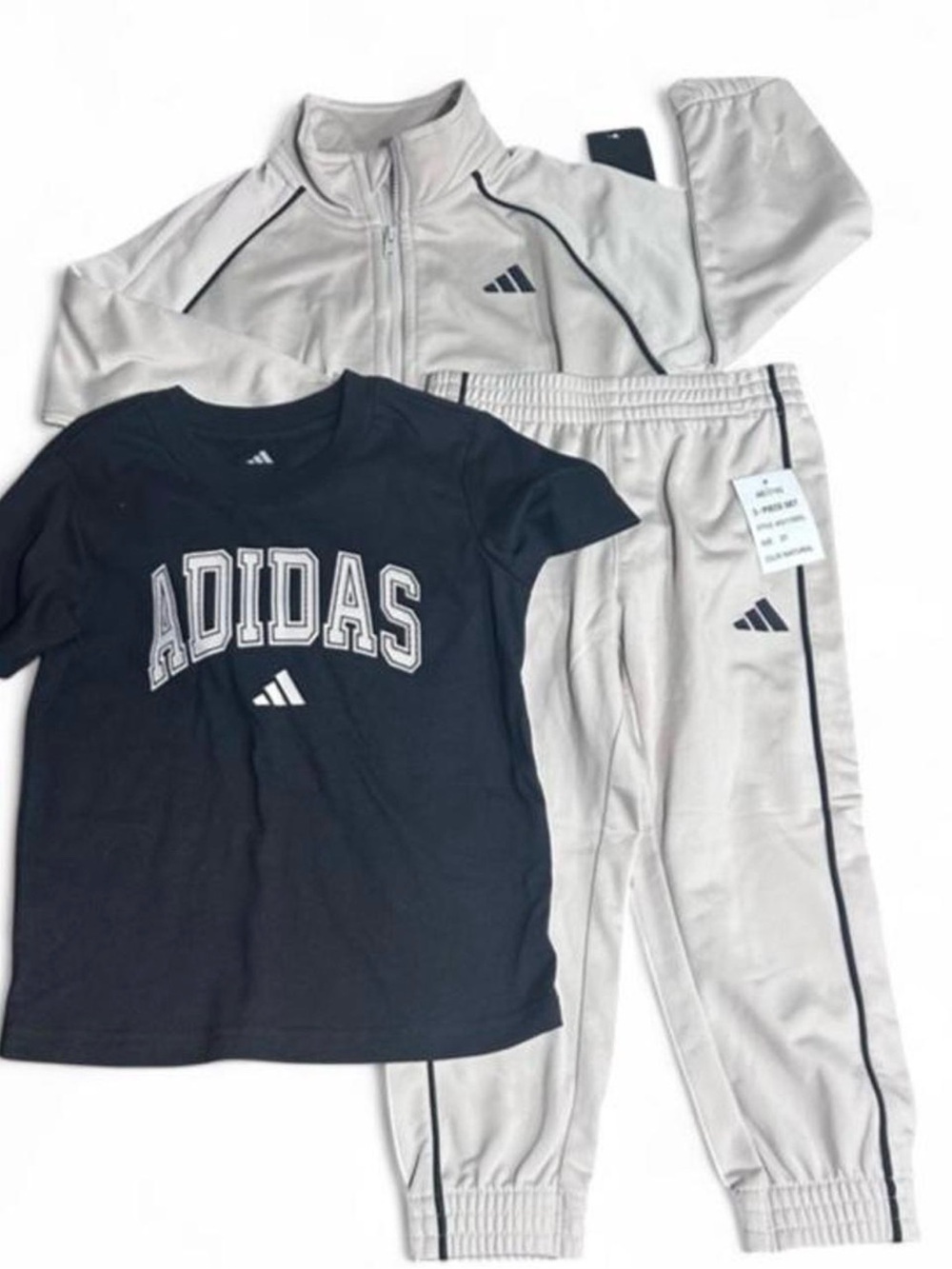 adidas Kids Black Tee with Light Gray Track Jacket & Joggers Set